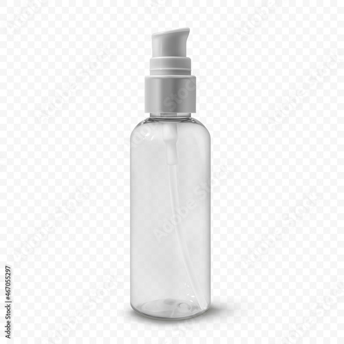 Transparent plastic cosmetic bottle with pump realistic vector illustration. Container for gel cleanser, lotion, facial cream. Travel format beauty product package