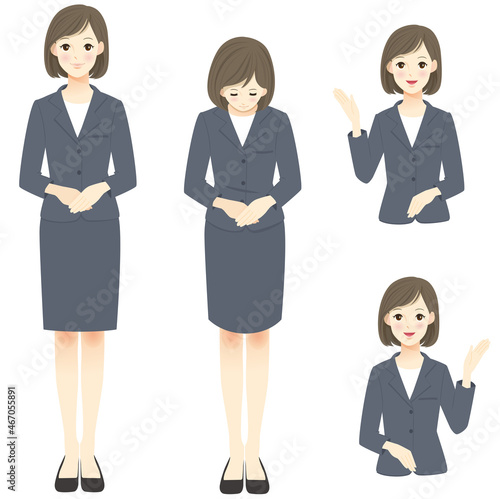 案内するスーツ姿の女性、4ポーズセット