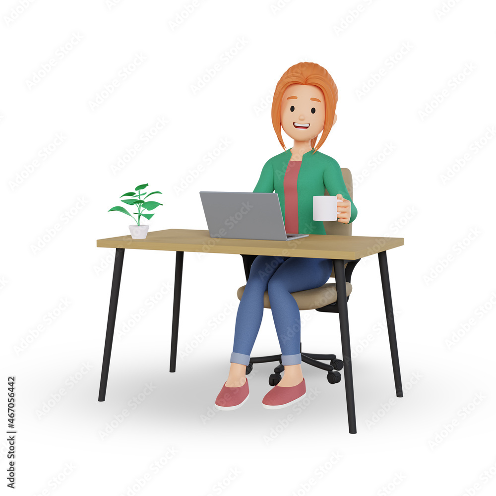 3d render of cartoon girl character working on a laptop 3d render of cartoon girl character working on a laptop