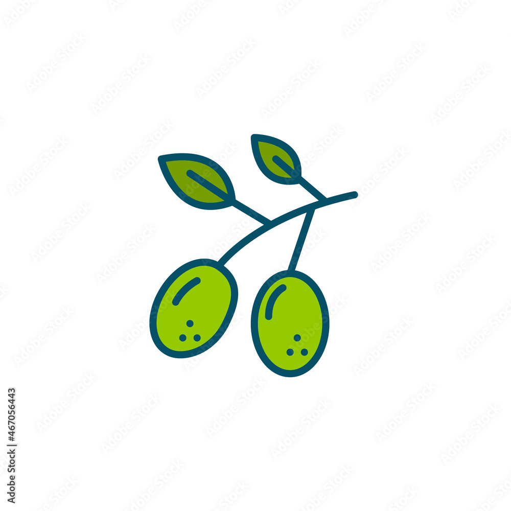 Olives on a branch with leaves. Olive oil production. Pixel perfect, editable stroke colorful icon Olives on a branch with leaves. Olive oil production. Pixel perfect, editable stroke colorful icon