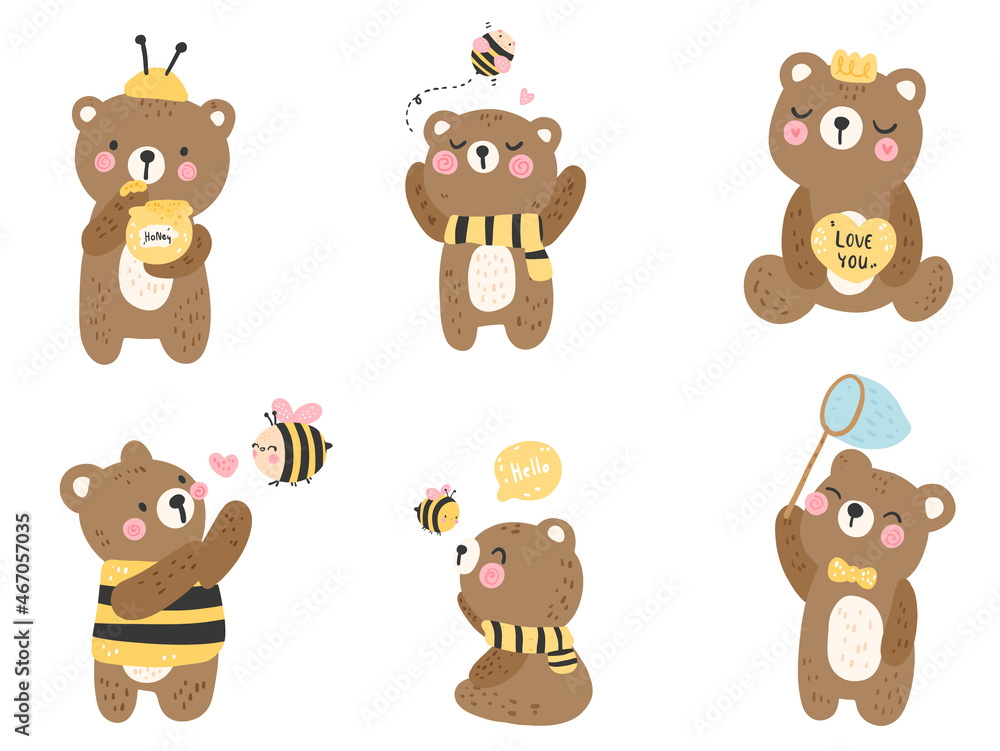 Fototapeta premium cute bear with little bee, spring season.