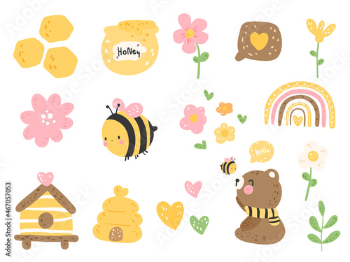 cute bear with little bee, spring season.