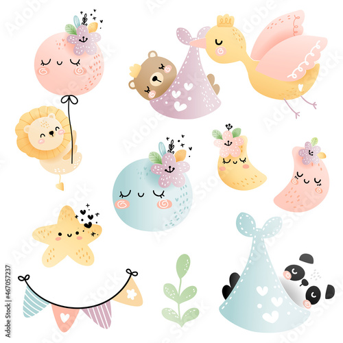 sleeping baby animals on half moon and full moon paper cut element. Vector illustration