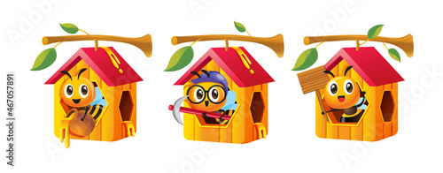 Collection set of cartoon worker bee stay inside honeycomb house which hang on tree twig. Bee character with holding honey pot, pickaxe and signboard. Vector mascot set