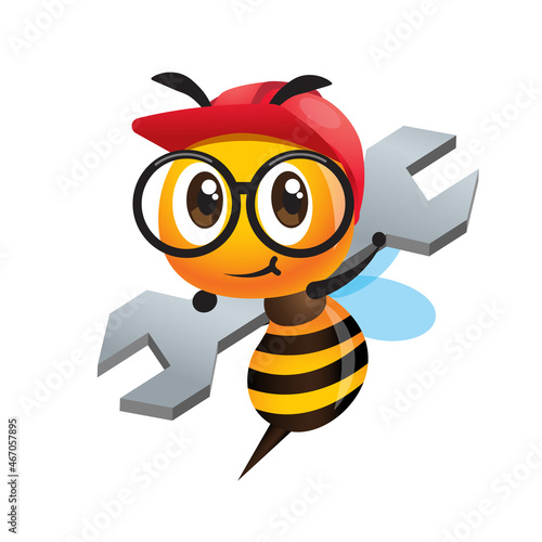 Cartoon cute worker bee wearing safety helmet and eye glasses while carrying a big spanner. Vector bee character