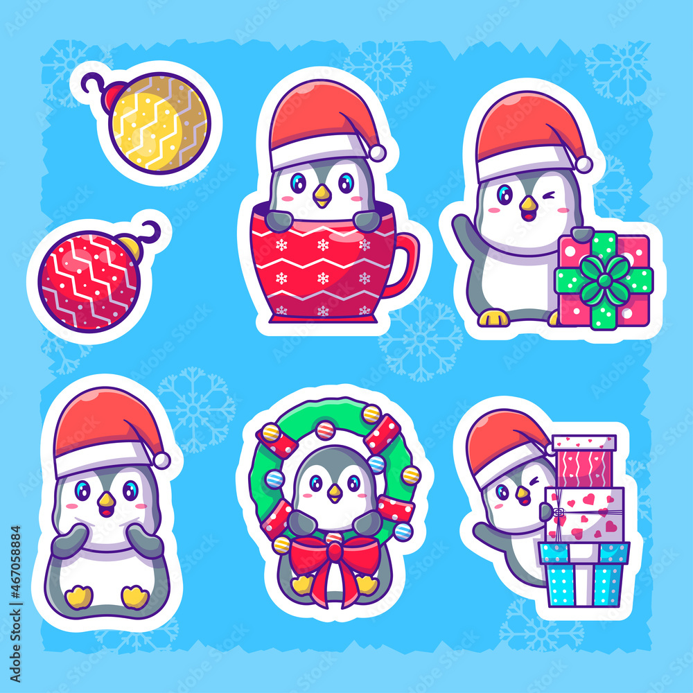 Fototapeta premium Cute penguin stickers set. collection of flat illustrations christmas
