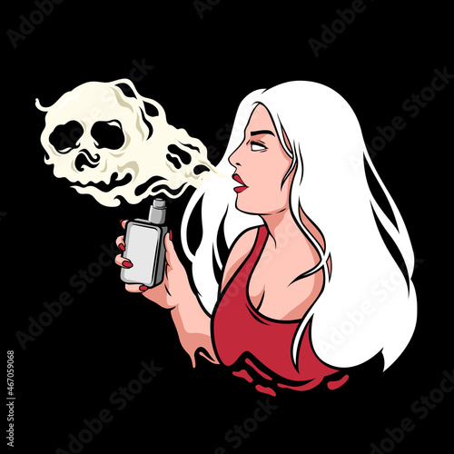 A woman smoking vape with skull smoke