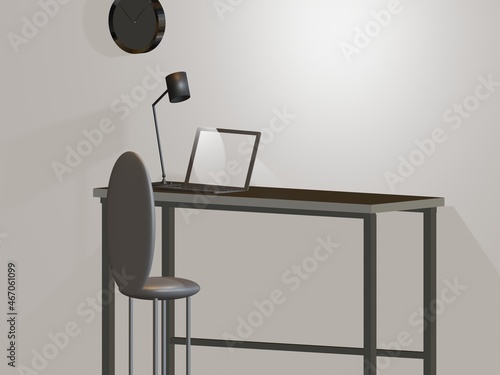 ノートパソコンと机とスタンドライトがある空間の背景壁紙の3dレンダリング モノクロ