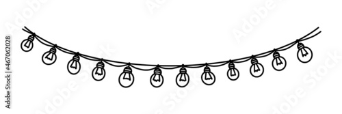 Garland with bulbs for carnival or celebration. Decor lamp garland isolated on white background. Vector illustration in doodle style