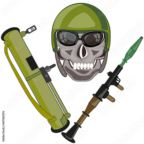Skull of the person in helmet and weapon grenade launchers