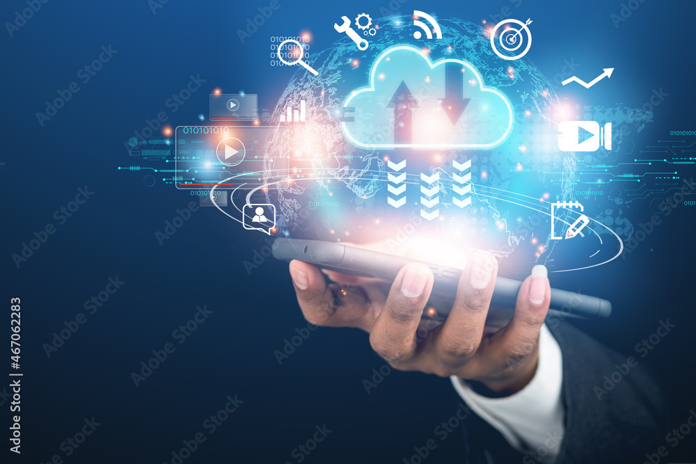 Businessman showing the future world of cloud storage. global internet connection technology
Businessman showing the future world of cloud storage. global internet connection technology