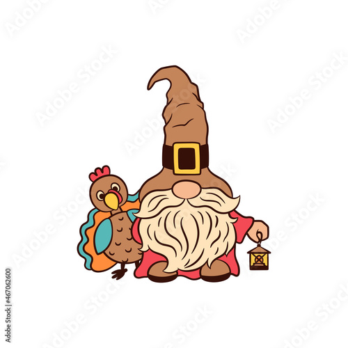 Cute gnome pilgrim with Funny turkey. Thanksgiving pilgrim with a lantern. Quirky gnome hat. Thanksgiving day greeting, dinner invitation, placement print. Gnome and turkey doodle vector illustration.