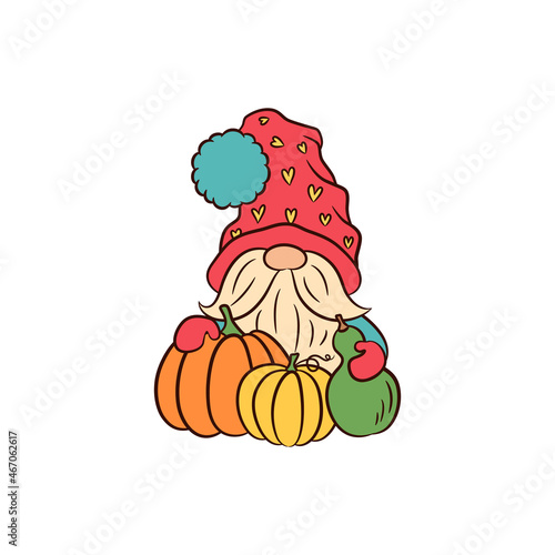 Fall gnome with pumpkins. Thanksgiving greeting. Little gnome funny hat vector illustration. Autumn harvest cute doodle graphics. Nordic elf tonttu Swedish gnome character. Cute dwarf cartoon style.