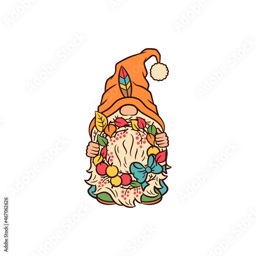 Cute gnome holding fall wreath. Thanksgiving greeting graphic design. Funny hat with feather. Little gnome vector illustration. Autumn harvest thanksgiving day vector. Swedish Tomte dwarf.