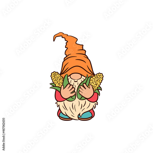 Fall gnome with corn. Thanksgiving greeting cute character. Little dwarf funny hat vector illustration. Autumn season design. Harvest thanksgiving graphics. Nordic elf tonttu character Swedish gnome.