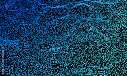 3D blue topographic mountain grid wireframe.
