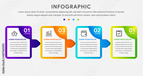 four steps business infographics template. the concept is circle option step with full color icon. isolated on horizontal layout background with grey colors.. dot circle pattern global map.
