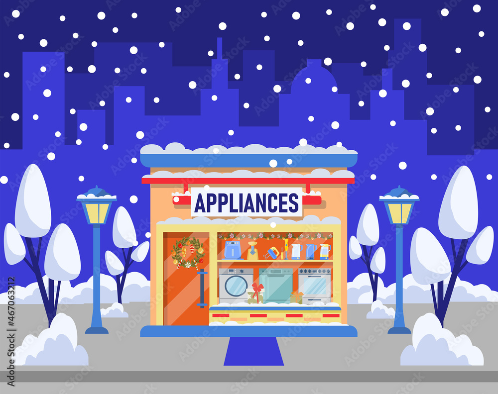 Home appliance store in winter, on Christmas Eve. Exterior of the facade of the store decorated for the winter holidays. Outdoor store entrance, Christmas decor, lights, cartoon vector illustration