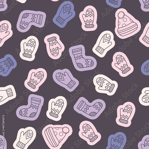 Vector seamless Background or backdrop. Outline hand drawn socks, hats and mittens