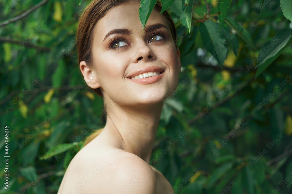 pretty woman green leaves clean skin nature summer cropped view pretty woman green leaves clean skin nature summer cropped view