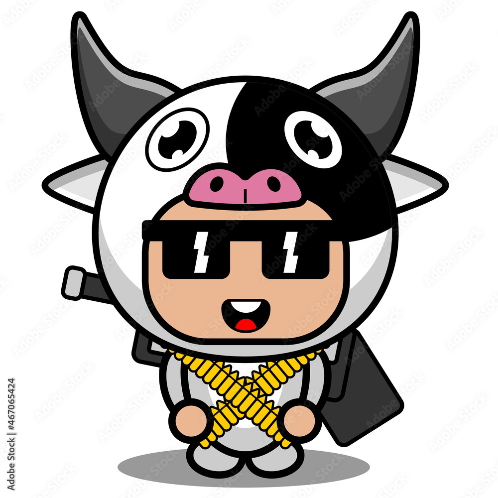 vector cartoon character cute cow animal mascot costume gun and bullet