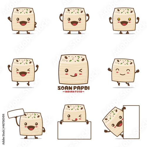 soan papdi cartoon. indian food vector illustration, with happy facial expressions and different poses