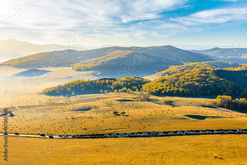 Beautiful mountain and forest natural landscape in autumn.Beautiful autumn scenery in the Wulan Butong grassland,Inner Mongolia,China. photo