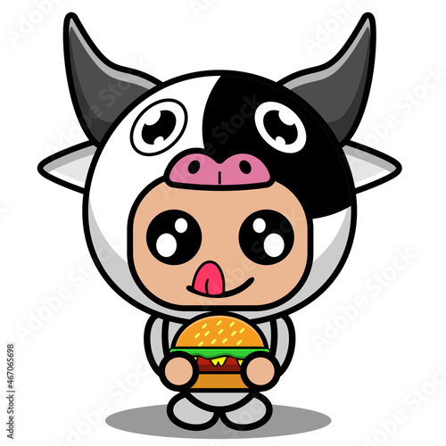 vector cartoon character cute cow animal mascot costume eating burger