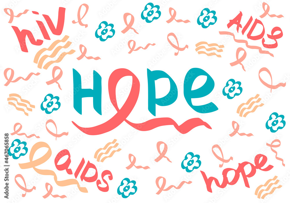 World AIDS day banner in doodle style on white background. Red ribbon hope symbol for people awareness campaign, patient support, emblem,  madical conference or other use. Vector illustration.