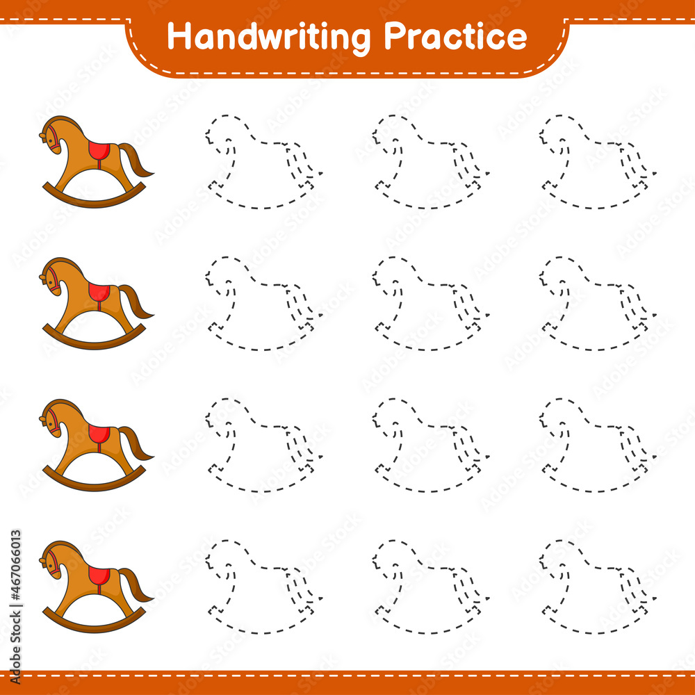 Handwriting practice. Tracing lines of Rocking Horse. Educational children game, printable worksheet, vector illustration Handwriting practice. Tracing lines of Rocking Horse. Educational children game, printable worksheet, vector illustration