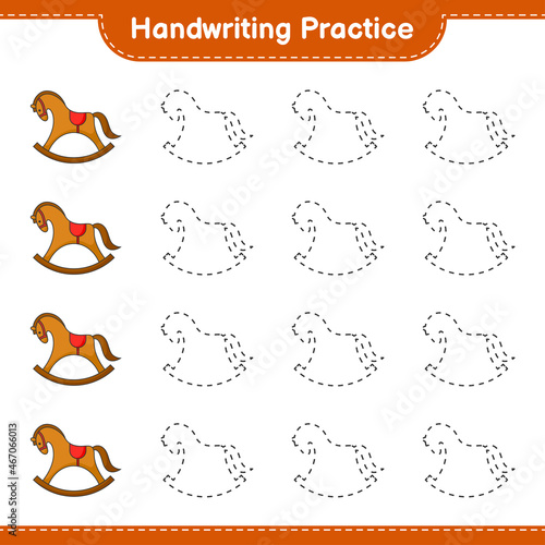 Handwriting practice. Tracing lines of Rocking Horse. Educational children game, printable worksheet, vector illustration