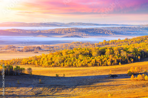 Colorful forest and mountain natural landscape in autumn.Beautiful autumn scenery in the Ulan Butong grassland,Inner Mongolia,China.