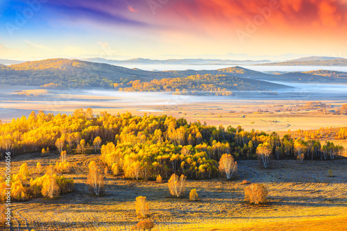 Colorful forest and mountain natural landscape in autumn.Beautiful autumn scenery in the Ulan Butong grassland,Inner Mongolia,China.