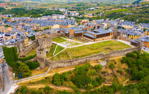 Aerial view of Ponferrada with Templar castle, province of Leon, Spain