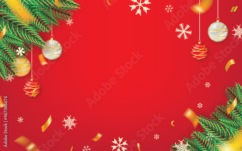 Red Christmas Theme Background for Sign  Message  Card  Event  and Celebration. Fir Leaves  Snow  Confetti  and Christmas Balls on Red Background Vectors Illustration Design Design.