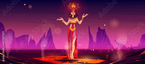 Devil woman in hell world, Halloween female character at creepy infernal landscape with hot lava, steam and rocks around. Satan or demon personage at mountains with magma, Cartoon vector illustration photo