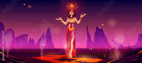 Devil woman in hell world, Halloween female character at creepy infernal landscape with hot lava, steam and rocks around. Satan or demon personage at mountains with magma, Cartoon vector illustration