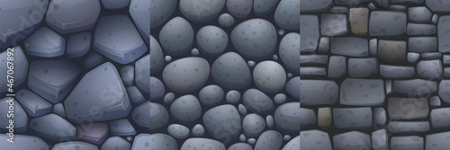 Stone textures of floor and wall for game background. Vector cartoon seamless patterns of pavement or square with cobblestones, rock bricks and blocks, rubble and pebble