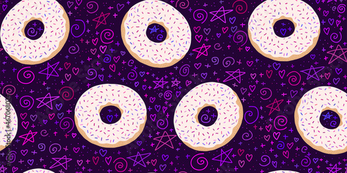 Donuts seamless pattern. Pastry with glaze and sprinkles, floating in space, with abstract doodles on a dark background. Flat hand-drawn illustration.