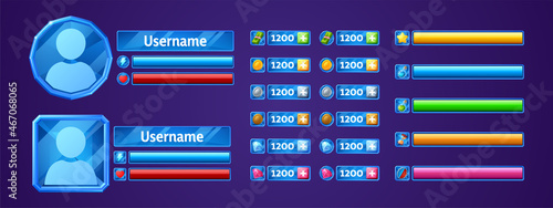 User profile ui elements for game with avatar, bars and icons in round and square blue crystal frames. Vector cartoon set of game design interface for display health, power, money and assets