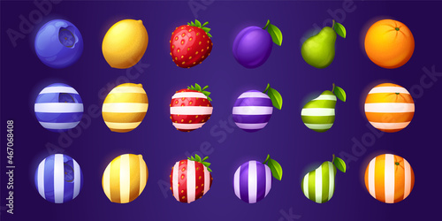 Fruit and berries icons for ui mobile game or casino slot machine. Vector cartoon set of food symbols, blueberry, orange, plum, strawberry, lemon and pear with white stripes