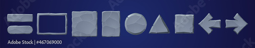 Stone game tablets, buttons, cartoon interface plaques, frames and arrows of rocky texture. Menu boards, ui or gui design elements. Isolated user setting panel keys, Vector illustration, icons set