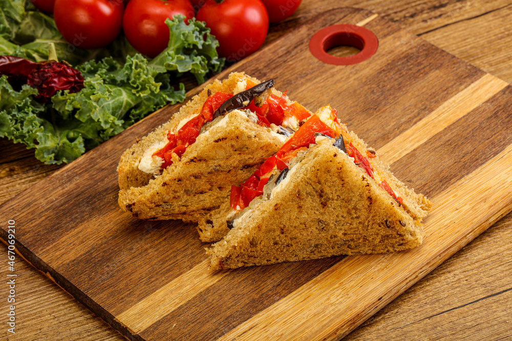 Club sandwich with eggplant and cheese Club sandwich with eggplant and cheese