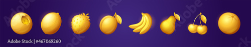 Gold game fruits icons for casino slot machine, gambling, lotteries or mobile puzzle ui elements. Plum, bananas or cherry, blueberry, pear and orange with lemon and strawberry bonus 3d vector set