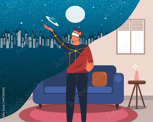 Travel the virtual world in the metaverse from home. future travel with metaverse. vector Illustration.
