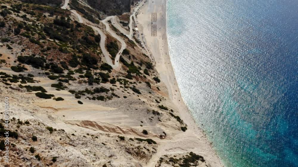 Top View of the Turquoise Colored Sea of the famous Myrtos Beach on the Greek Island of Kefalonia - aerial drone shot Top View of the Turquoise Colored Sea of the famous Myrtos Beach on the Greek Island of Kefalonia - aerial drone shot