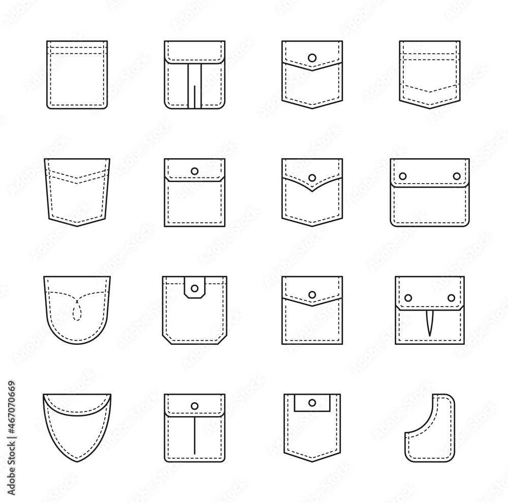 Outline patch pockets for shirts, cargo pants and denim jackets. Flap pocket  sewing patterns in different shapes, fabric patches vector set. Clothes  pieces for man and woman dressing Stock Vector