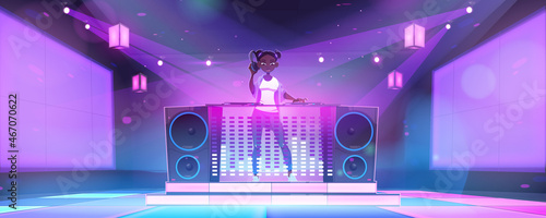 Girl dj in nightclub with mixer console. Vector cartoon illustration of disco club interior with dance floor, music turntable, speakers, neon lamps and african american woman with headphones