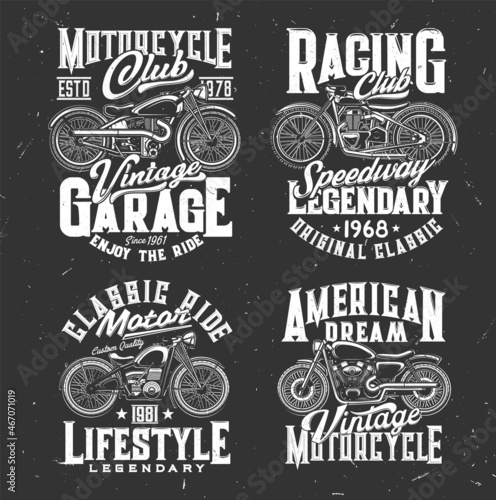 Vintage road motorcycles t-shirt print template. Motorsport racing, bikers club or custom bikes repair service garage station apparel print with touring american motorbikes and retro typography