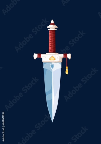Magical cartoon steel dagger blade, vector weapon of game interface, ui or gui design. Fantasy sword, dagger, sabre or knife with yellow gemstone or crystal and hilt, braided with leather cord